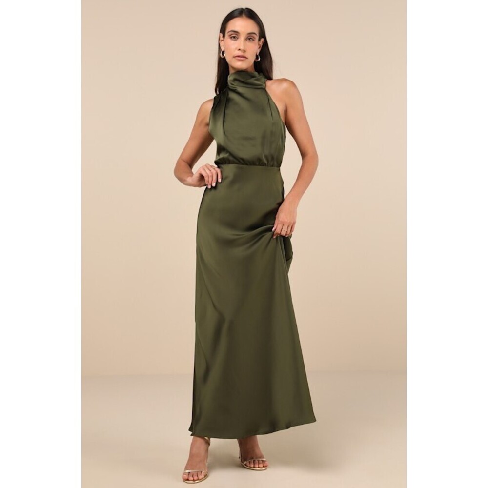 Lulus Distinctive Charm Olive Green Satin Asymmetrical Maxi Dress - Size M